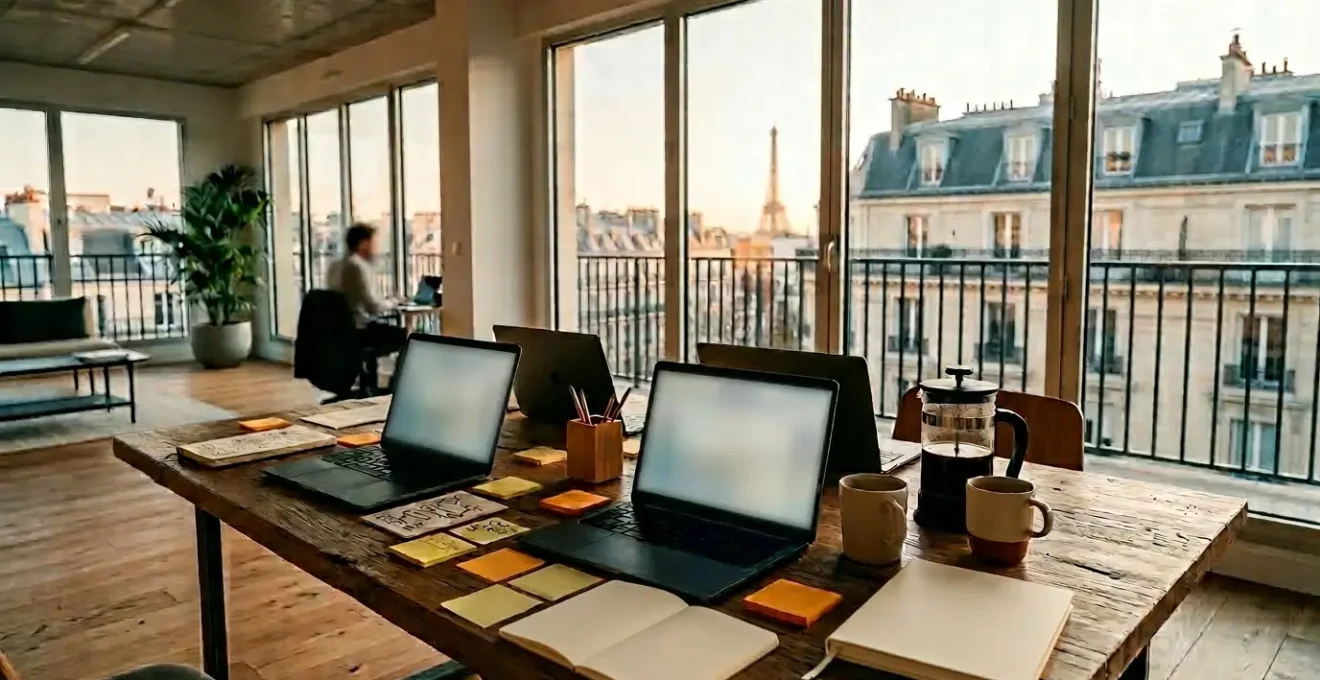 Vue stratégique d'un espace de travail digital avec tableaux de données d'acquisition et cartes heuristiques sur écrans floutés