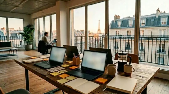 Vue stratégique d'un espace de travail digital avec tableaux de données d'acquisition et cartes heuristiques sur écrans floutés