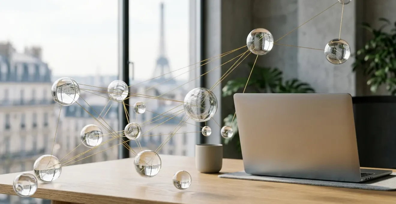 Écosystème numérique de liens interconnectés représentant une stratégie de netlinking sophistiquée