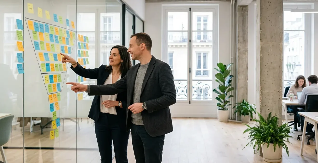 Professionnels analysant un parcours d'achat B2B sur un tableau de travail collaboratif dans un environnement de bureau moderne