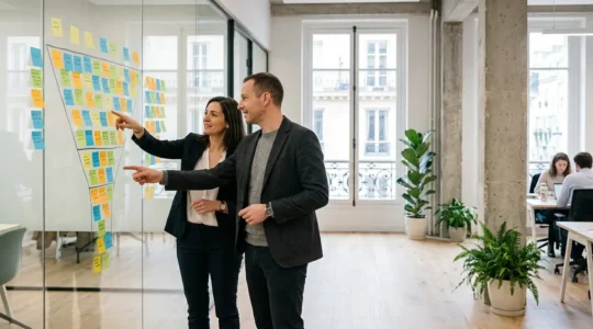 Professionnels analysant un parcours d'achat B2B sur un tableau de travail collaboratif dans un environnement de bureau moderne