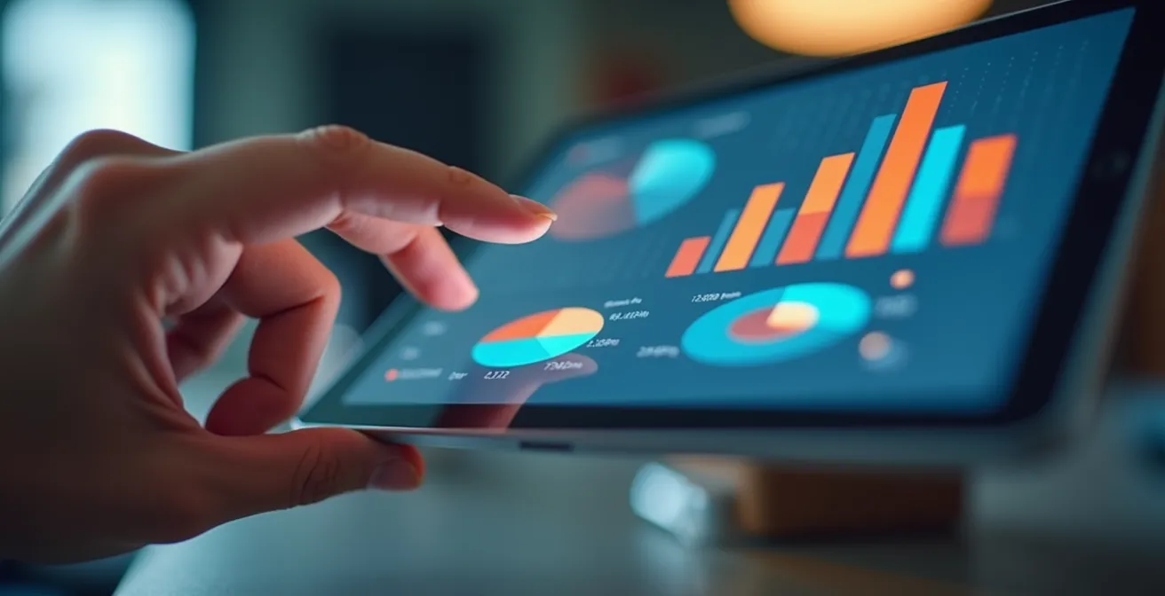 Vue macro de mains analysant des données de test A/B sur une tablette avec graphiques colorés