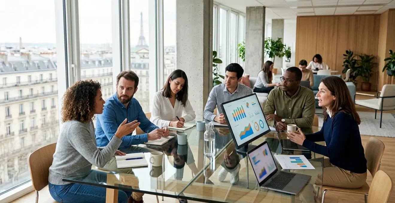 Professionnels analysant des données de performance sociale sur des écrans dans un environnement de travail moderne