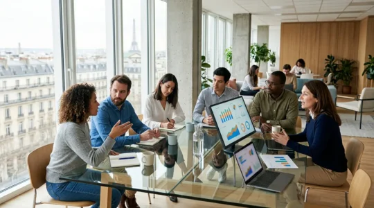 Professionnels analysant des données de performance sociale sur des écrans dans un environnement de travail moderne