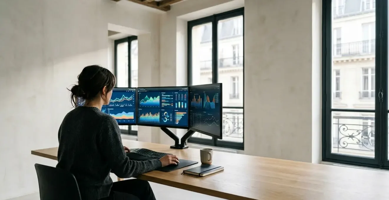 Entrepreneur analysant des données de marché sur plusieurs écrans dans un environnement de bureau moderne
