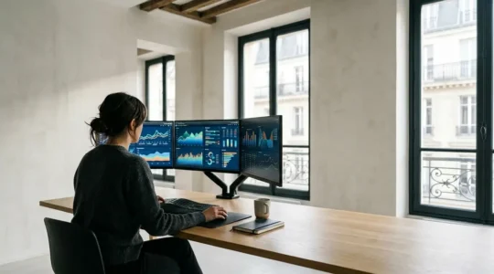 Entrepreneur analysant des données de marché sur plusieurs écrans dans un environnement de bureau moderne