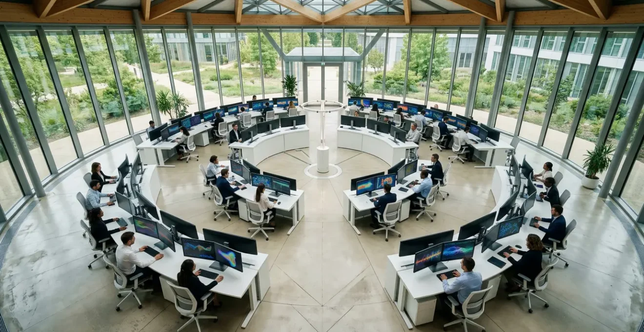 Vue aérienne d'un open space moderne avec des analystes surveillant des écrans de données en temps réel