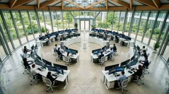 Vue aérienne d'un open space moderne avec des analystes surveillant des écrans de données en temps réel