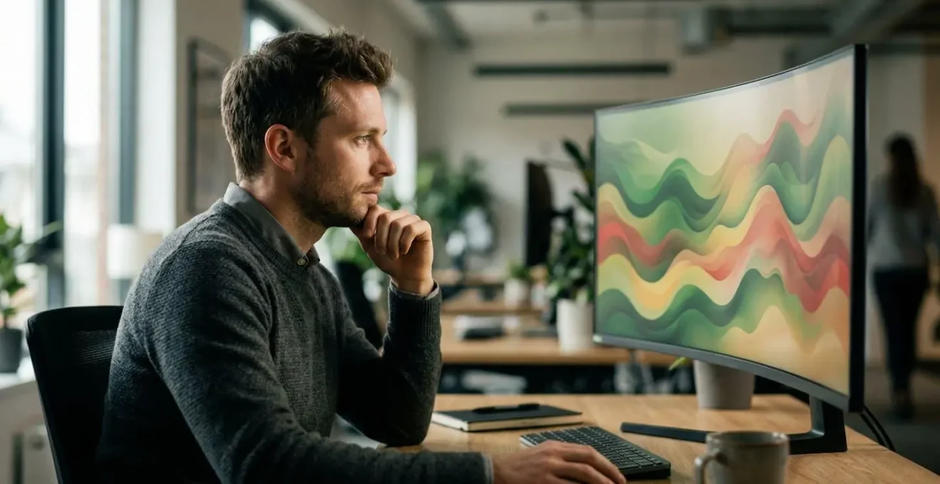Analyste consultant un tableau de bord coloré avec des indicateurs de sentiment