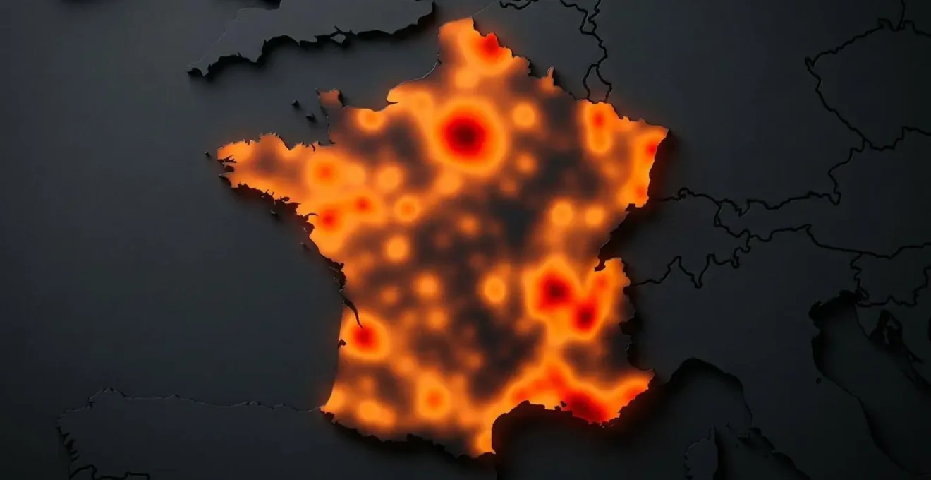 Carte de France stylisée avec zones de chaleur représentant les concentrations de plaintes