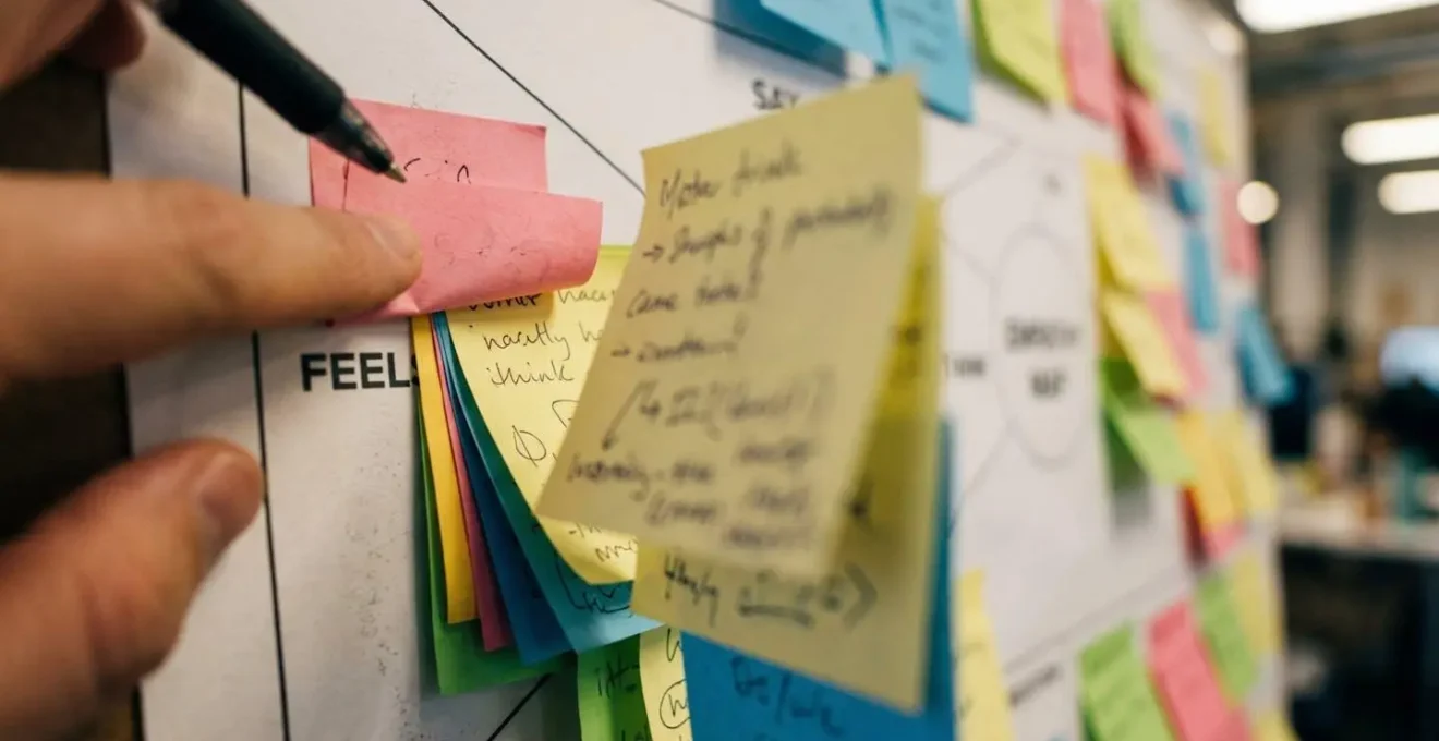 Macro d'une carte d'empathie avec des post-its colorés et des annotations manuscrites