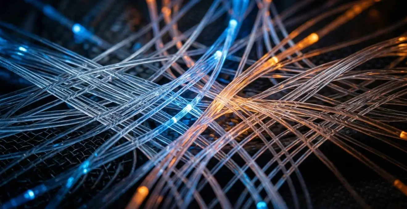 Vue macro détaillée de fils lumineux interconnectés formant un réseau complexe de lecture