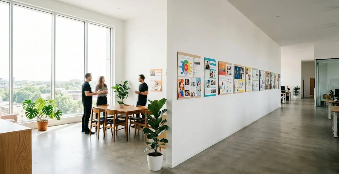 Vue large d'un espace de travail avec personas affichés sur les murs