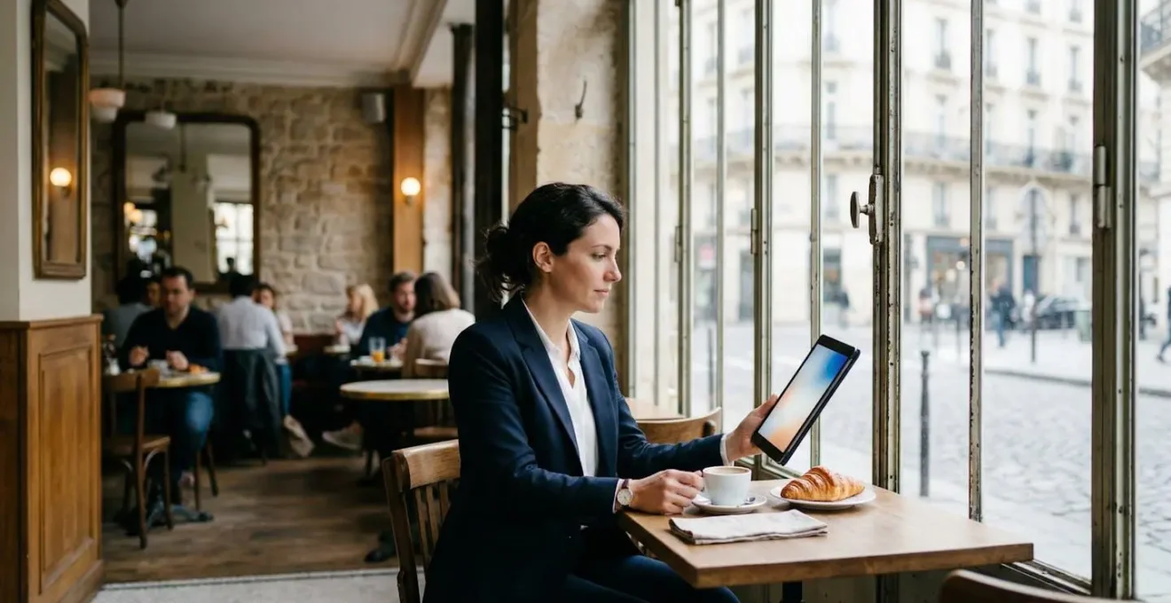 Professionnel consultant un guide numérique sur tablette dans un café français