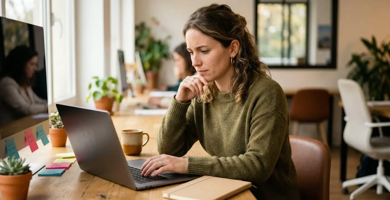 Community manager gérant une situation délicate avec professionnalisme dans un espace de travail calme