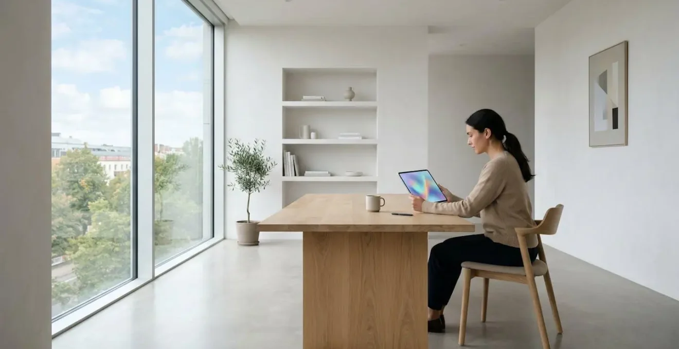 Espace de travail épuré avec une personne analysant des données sur tablette dans un environnement lumineux