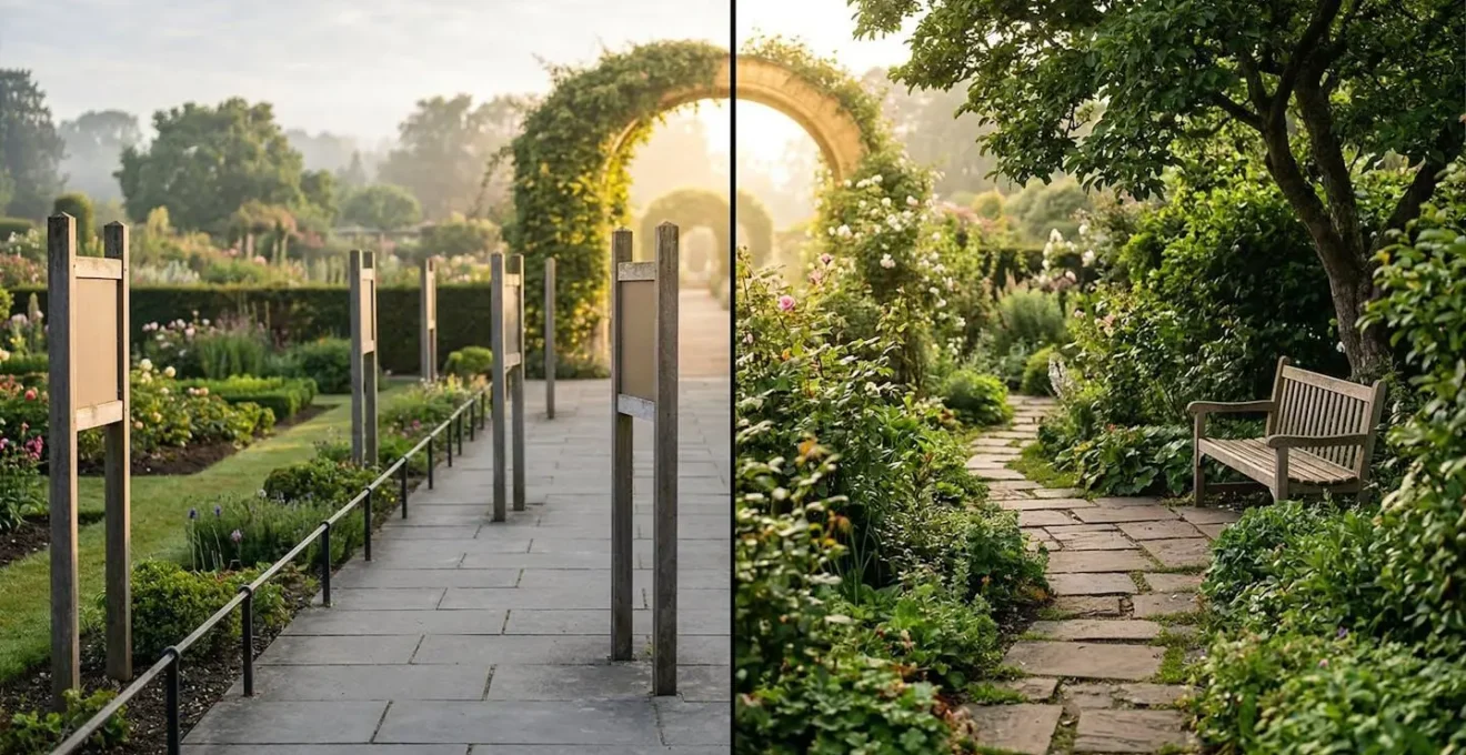 Deux chemins parallèles dans un jardin zen, l'un simple et éclairé pour le prospect, l'autre fleuri avec des raccourcis pour le client fidèle