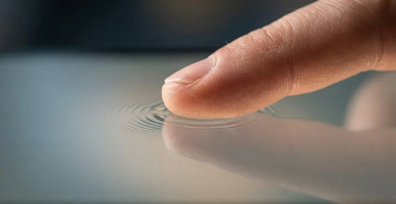Vue macro d'un doigt touchant délicatement une surface tactile