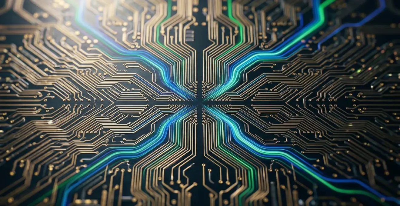 Vue macro détaillée de circuits électroniques représentant le flux de données JavaScript
