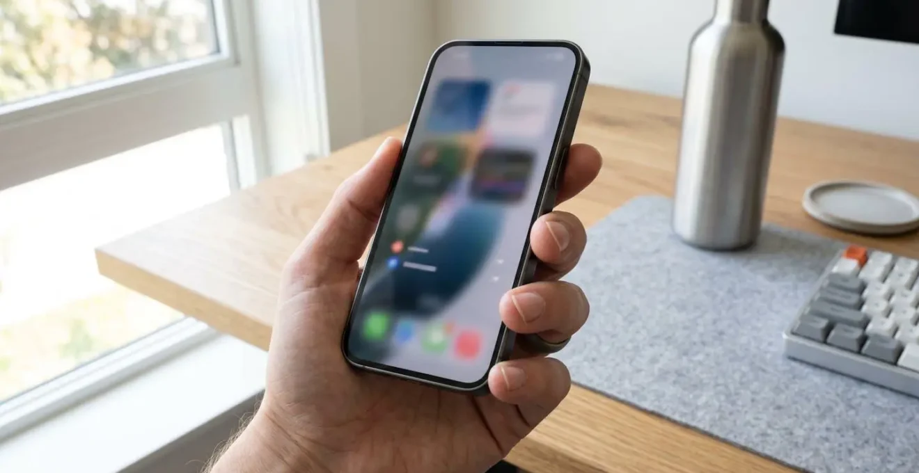 Gros plan d'une main tenant un smartphone moderne avec interface d'application fortement floutée créant un effet bokeh, focus sur le geste et les bords de l'appareil, surface de bureau épurée en arrière-plan