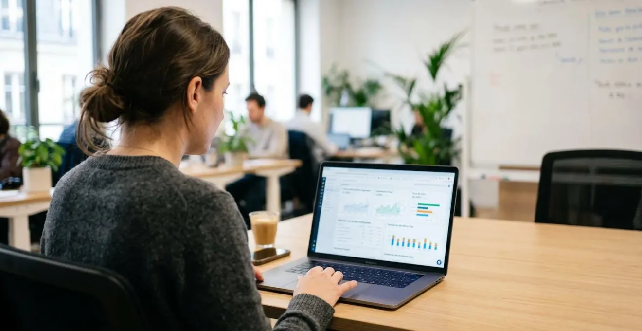 Vue par-dessus l'épaule d'un professionnel analysant un tableau de bord SEO sur ordinateur portable affichant des graphiques de trafic et statistiques d'usage, lumière naturelle de bureau, moment de travail authentique
