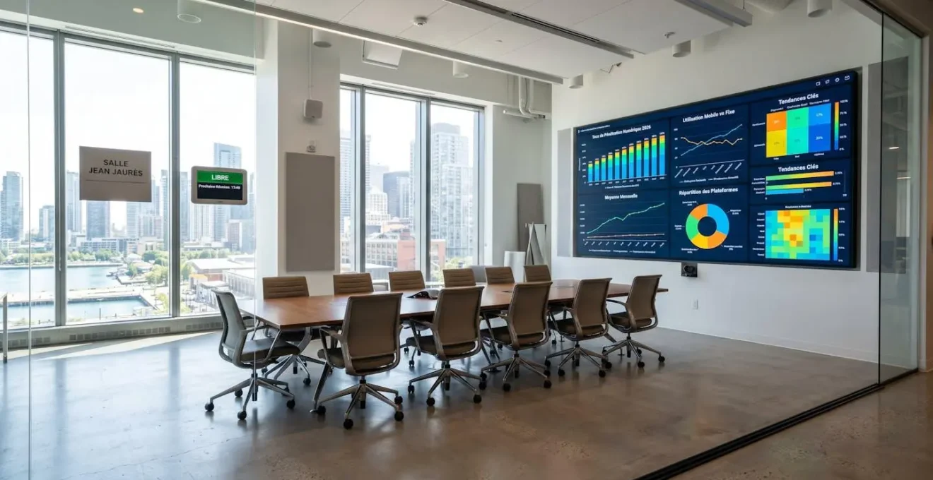 Salle de réunion moderne et lumineuse avec grand écran affichant des graphiques statistiques colorés sur l'usage du digital, ambiance professionnelle contemporaine 2026