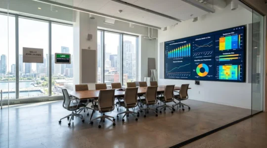 Salle de réunion moderne et lumineuse avec grand écran affichant des graphiques statistiques colorés sur l'usage du digital, ambiance professionnelle contemporaine 2026