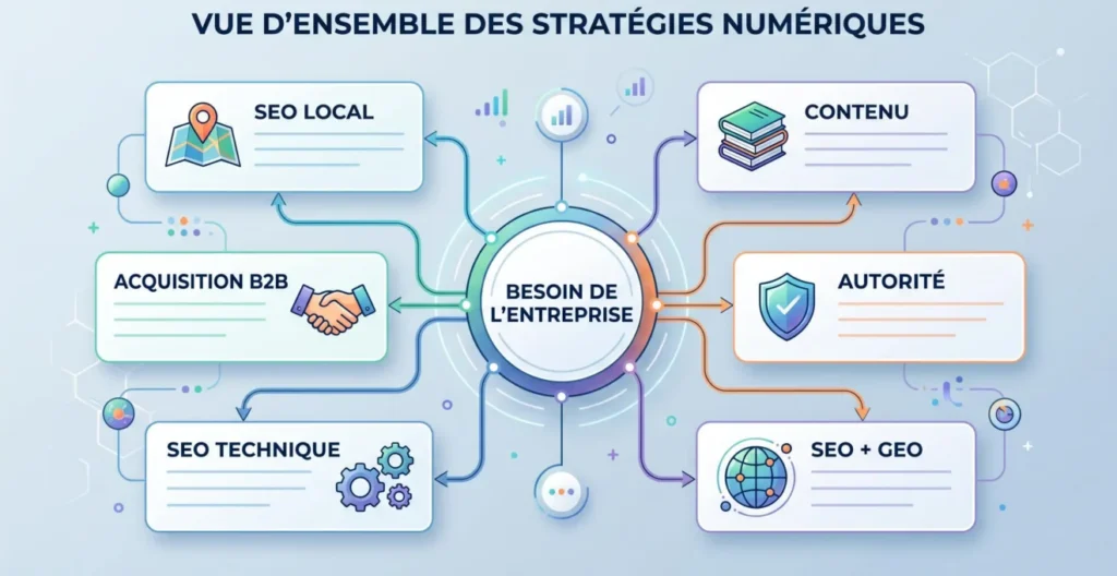 Schéma des différents profils d'agences SEO pouvant répondre à des besoins distincts Schéma des différents profils d'agences SEO pouvant répondre à des besoins distincts