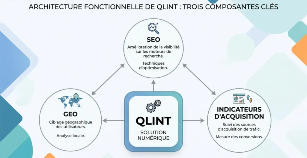 Schéma reliant SEO, GEO et mesure de l'acquisition dans l'offre publiée par Qlint Schéma reliant SEO, GEO et mesure de l'acquisition dans l'offre publiée par Qlint